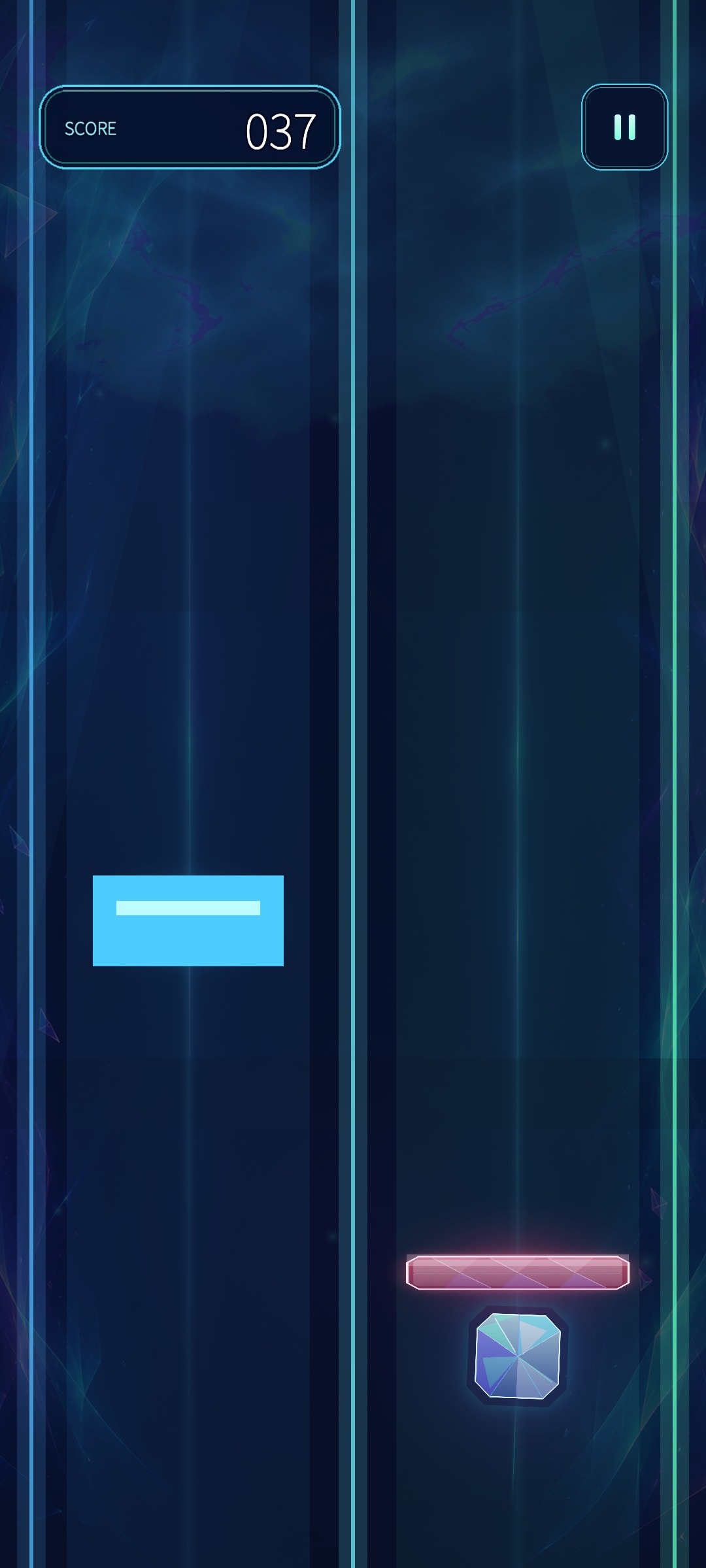 Android test gameplay with a blue block in the left lane and a red block in the right lane.