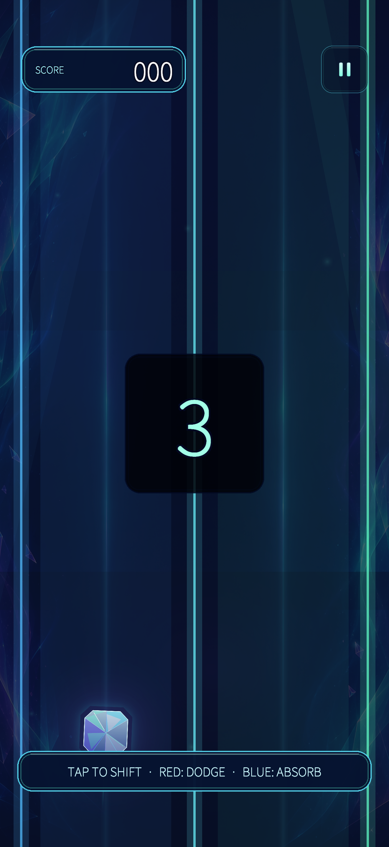 Three-second countdown with the instructions: tap to shift, red dodge, blue absorb.