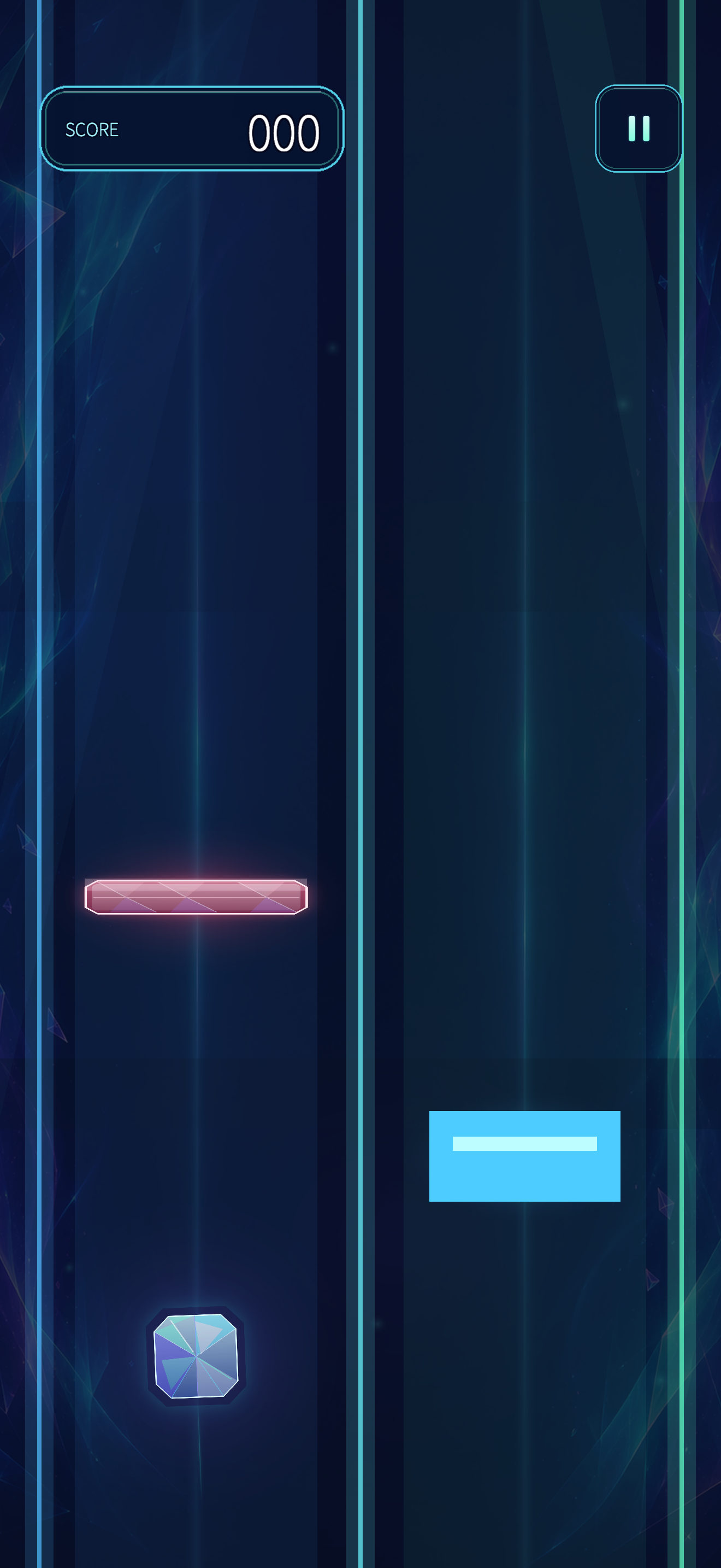 Actual PULSE SHIFT gameplay: a red block to dodge, a blue block to absorb, and a prism switching between two lanes.