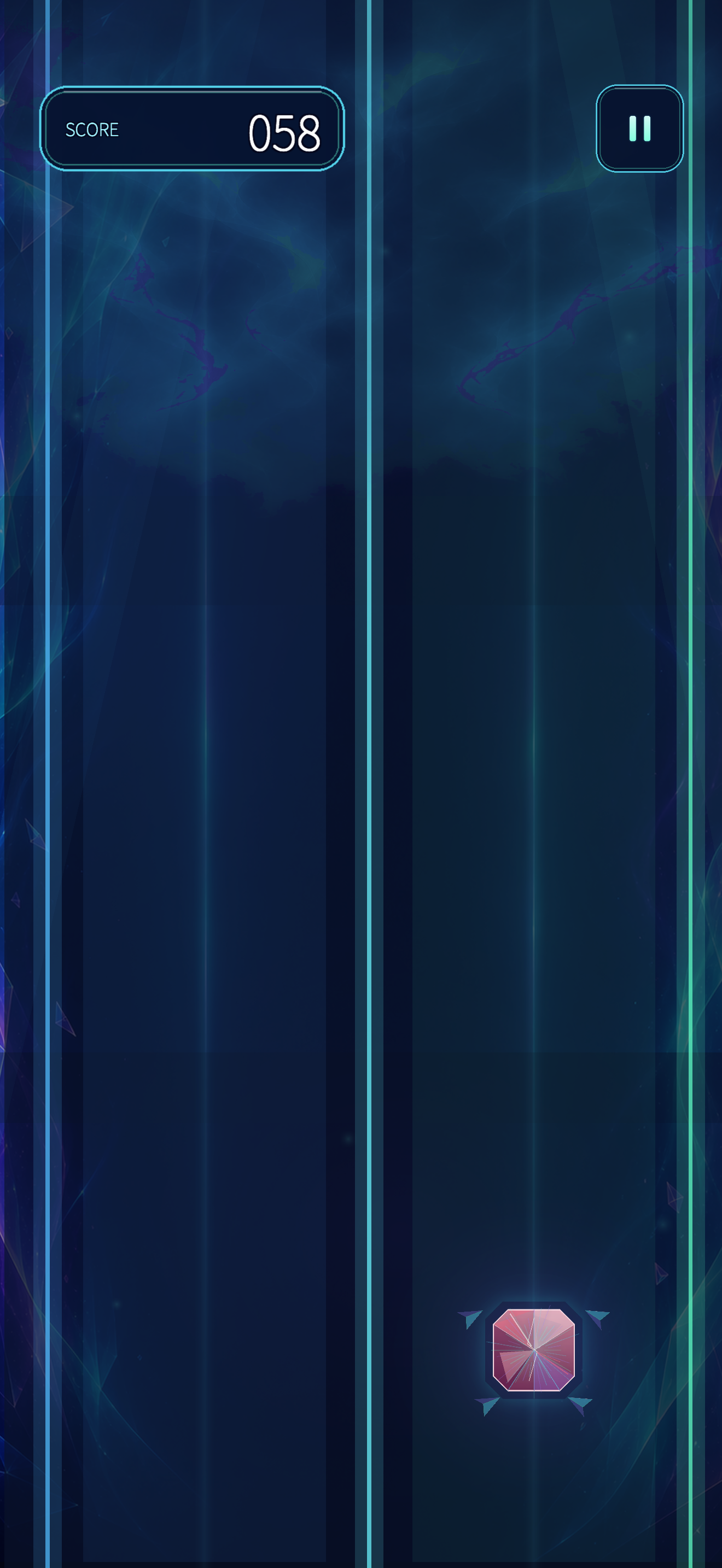 PULSE SHIFT gameplay at score 58, with fog covering the upper part of the play field.